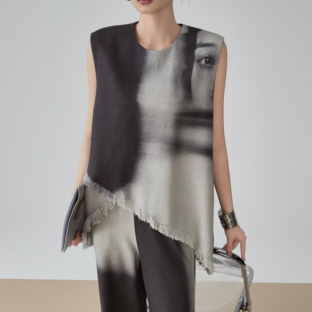 Grey tassel patchwork vest S1179