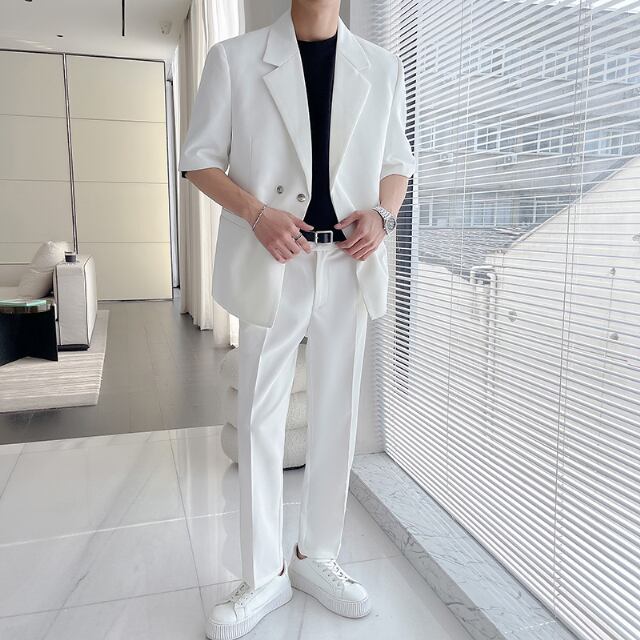 【予約販売】2点セット スーツ パンツ メンズ セットアップ ジャケット 半袖 無地 男前 ブラック ホワイト 上下 パーティ お出かけ パーティー 二次会 結婚式 春 夏 秋 M/L/XL/2XL