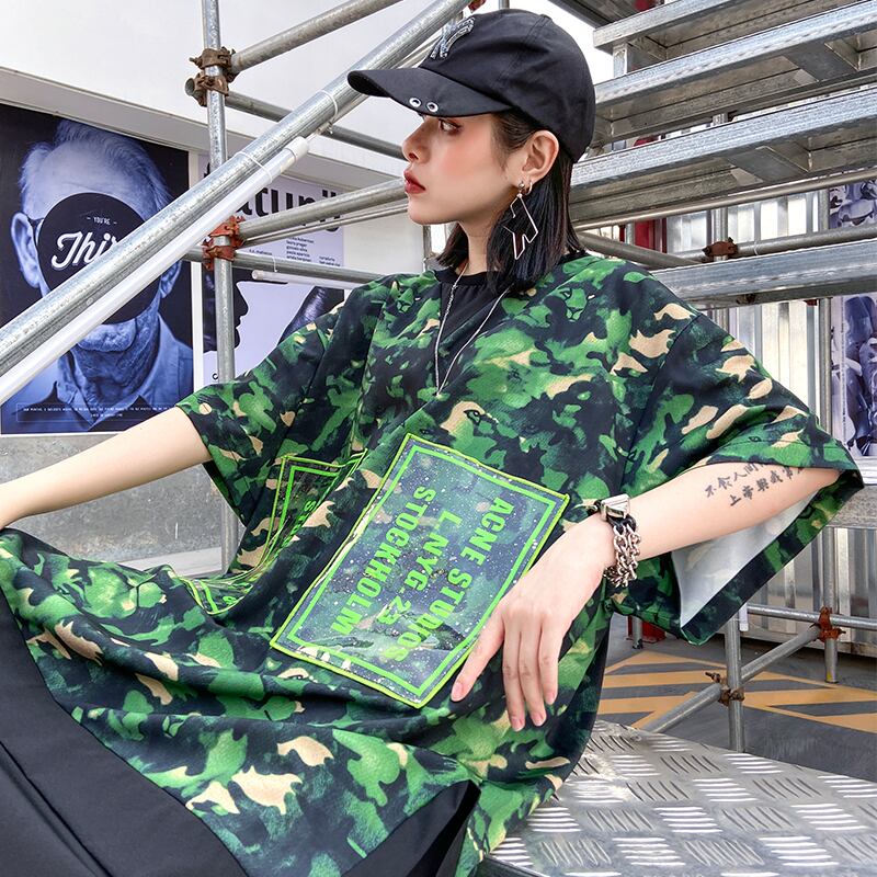 Xカモフラージュドレス女性夏プラスサイズファットmmルーズで薄いミドル丈aライン半袖Tシャツスカート女性2020new ラブタオタオダレンハウス41158102576