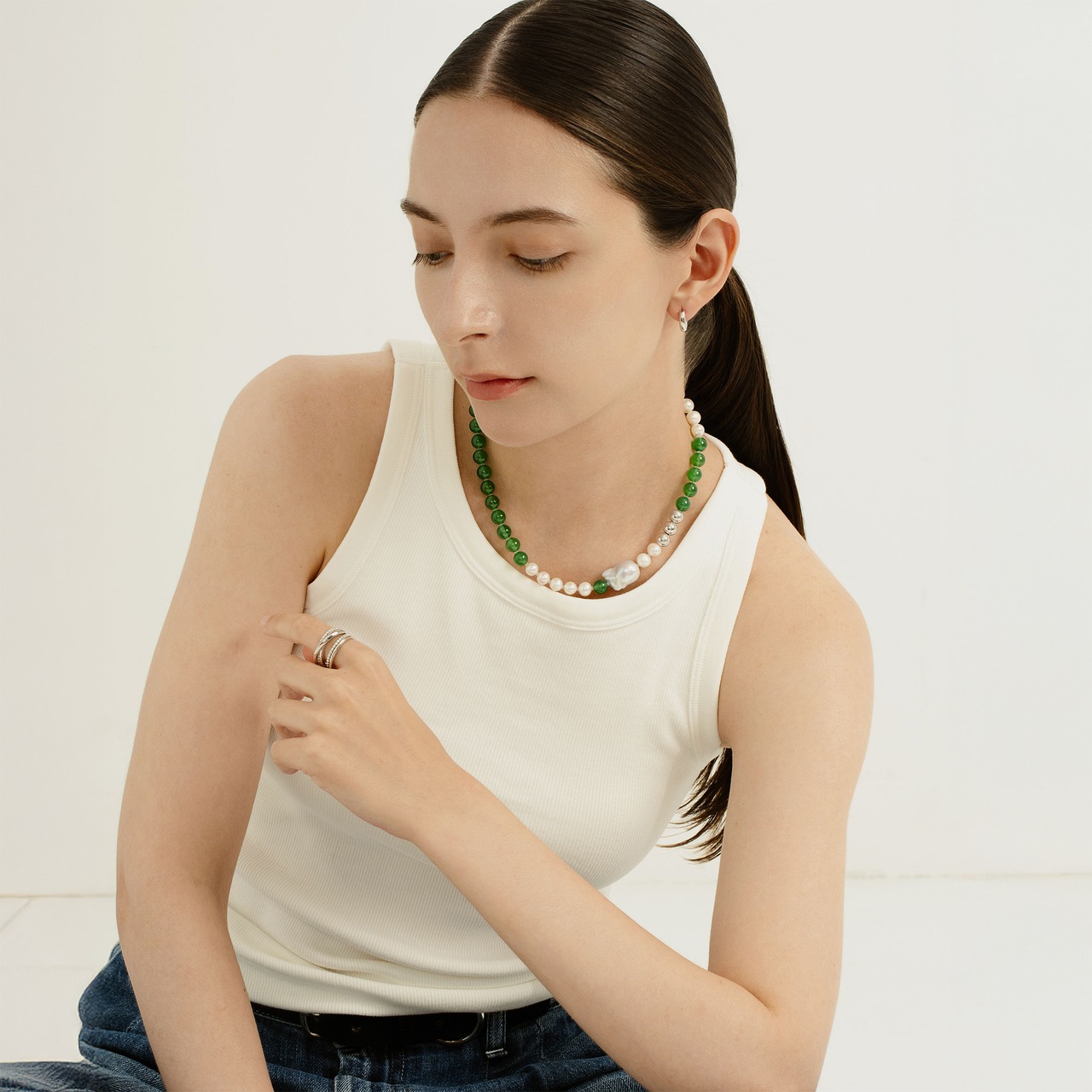silver necklace  SMN6 グリーンカルセドニーネックレス