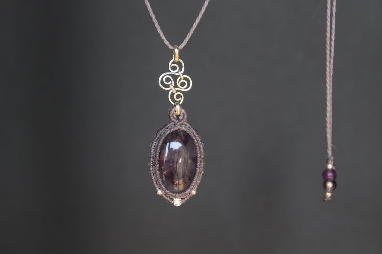 Trapiche amethyst silver925 wirework micro macrame pendant
