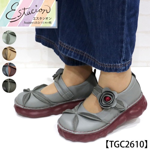 TGC2610【ﾚﾃﾞｨｰｽ】Estacion～エスタシオン～・フラワーモチーフ本革ストラップパンプス