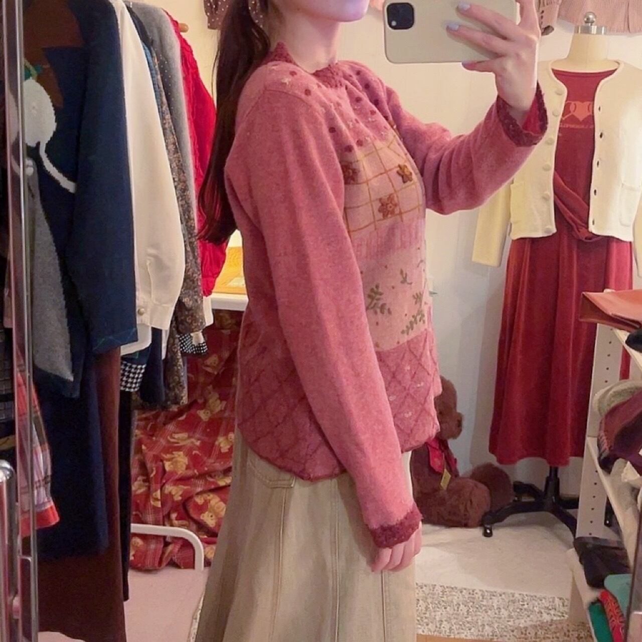 pink flower wool knit sweater