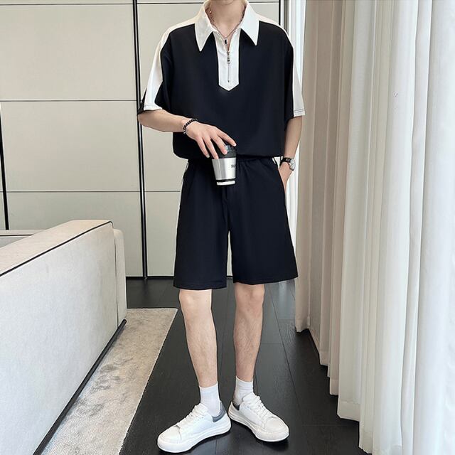 【予約販売】メンズ セットアップ スエット 無地 上下 ポロシャツ バイカラー 半袖 ハーフパンツ ストリート ブラック/ホワイト 部屋着 韓国 ジム スポーツウエア カジュアル 春 夏 大きいサイズ M/L/XL/2XL