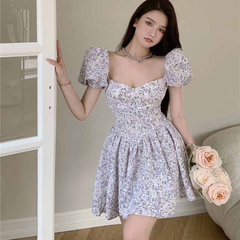 サマースタイルスタンダードフローラルスカート ウェストドレス レトロ 夏物 花柄 スクウェア ドラファッションホール96812015439