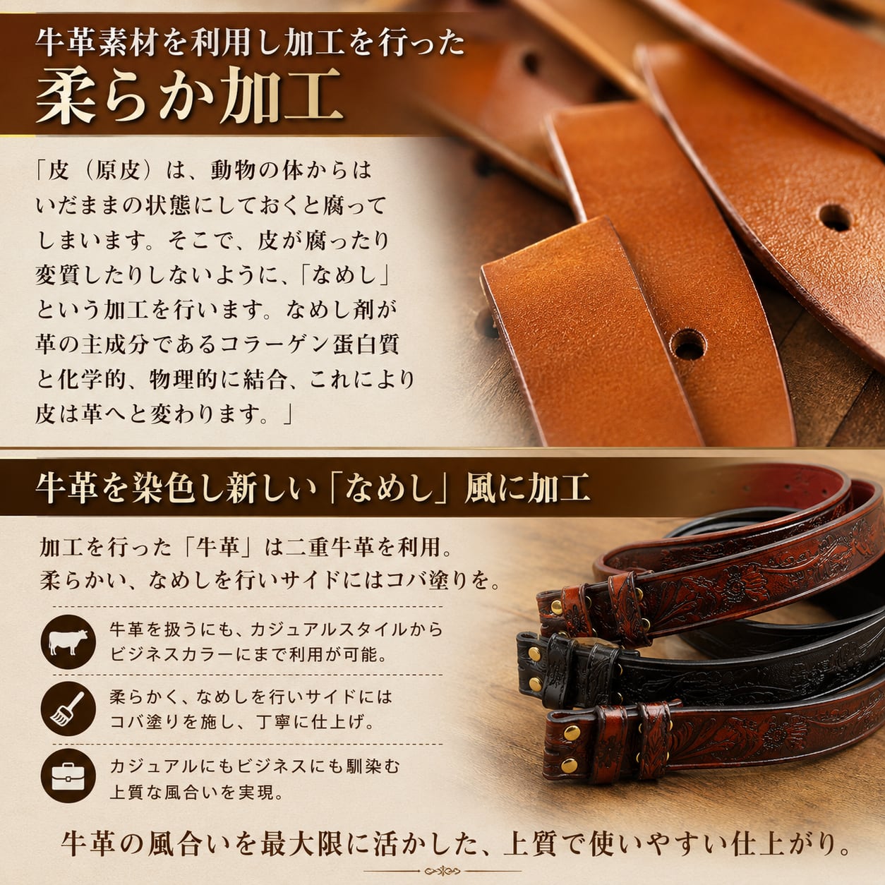 豚皮レザー ビジネスバッグ 茶色(ベルト交換) 新品 牛革/本革 ベルト オイルレザー バックル用 交換ベルト 交換用