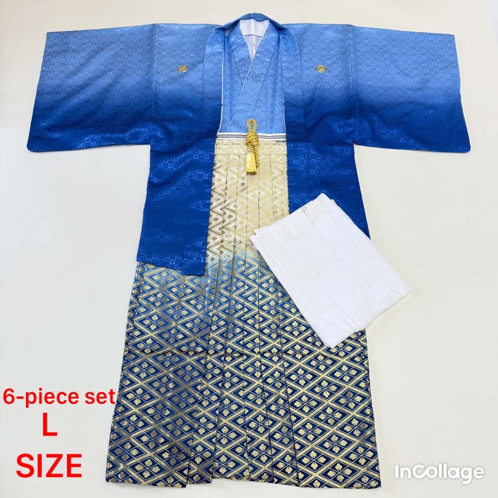 紋付袴 6点セット 着物 羽織 袴 長襦袢 羽織紐 角帯 裄71cm 袴丈89cm L 青 五つ紋 中古 4492