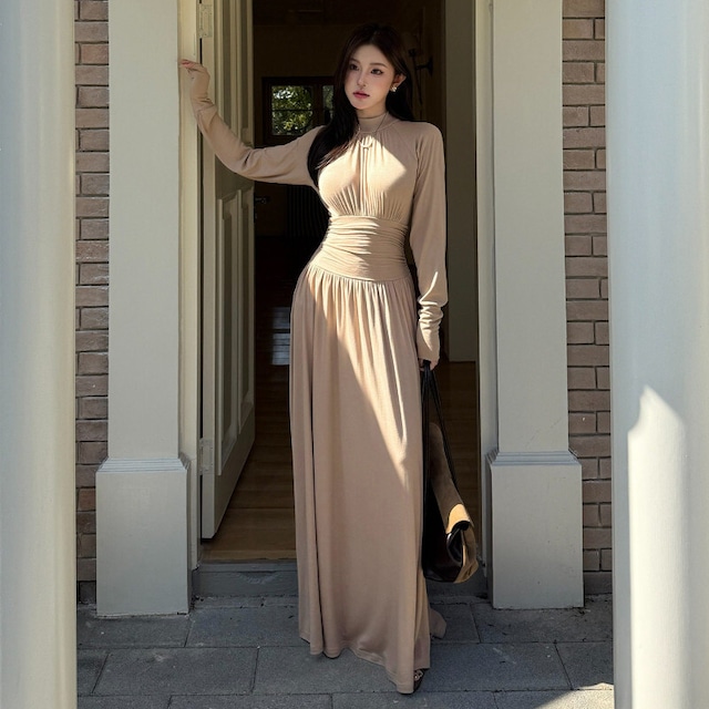 ロングワンピース バックリボン ウエストイン 無地 エレガント S M L