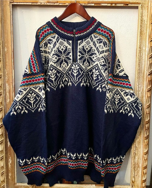 90's nordic pattern harf zip knit 【L】