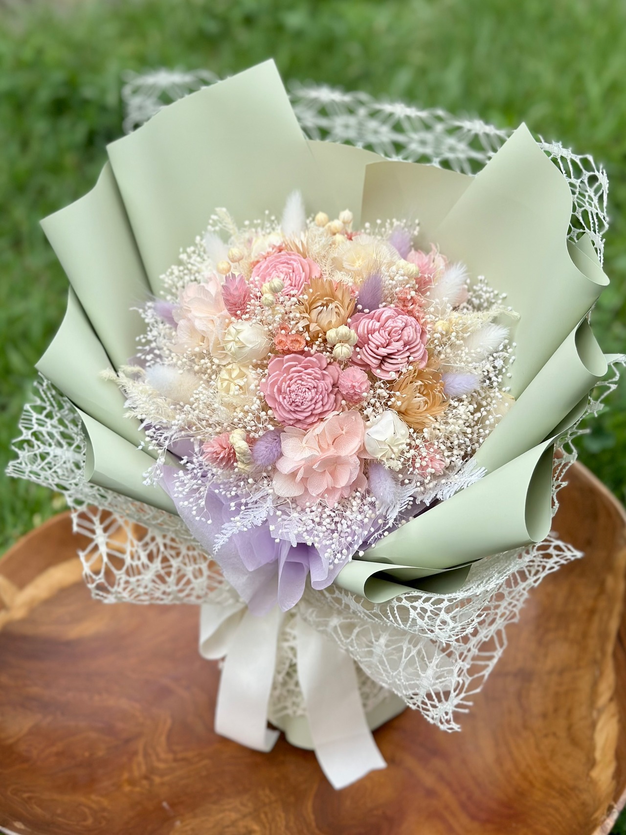 1.置けるドライフラワー花束(花てまり/ピンク色・白色・紫色) □Mサイズ 【数量限定商品】 画像8