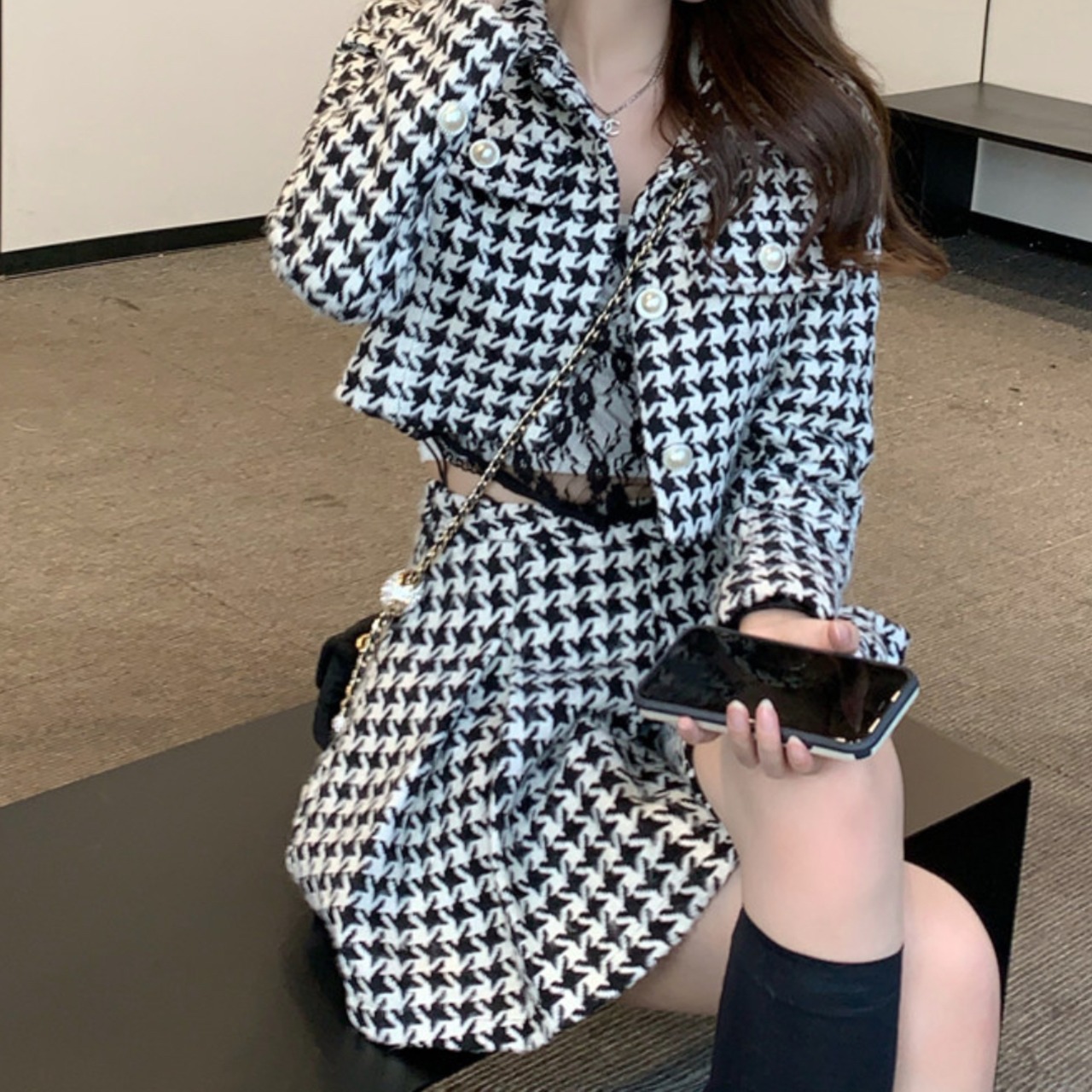 千鳥プリーツツーピースセット LK633