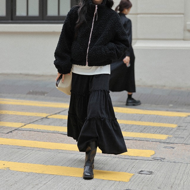 tiered check long skirt　J00350