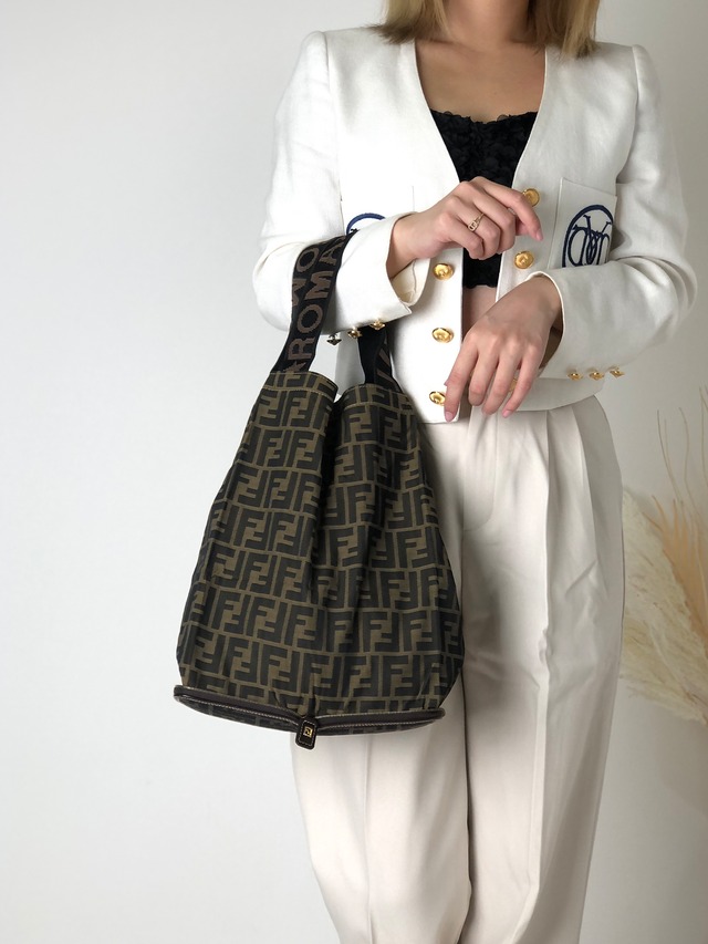 FENDI フェンディ ズッカ ジャガード ショッピングバッグ 折りたたみ トートバッグ ブラウン vintage ヴィンテージ オールド zpceha