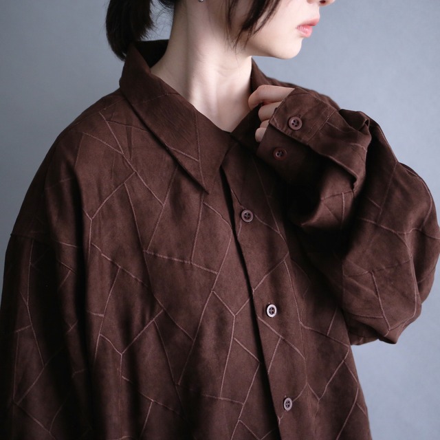 random grid stitch work design XXXL over size fake suede shirt