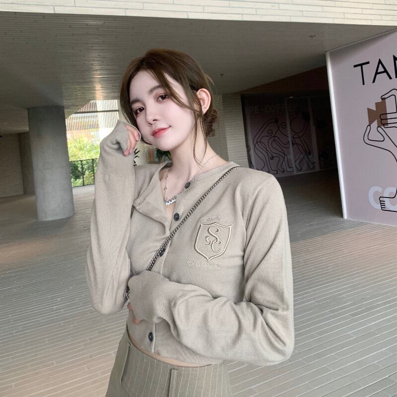 ニットセーター 刺繍ショートスリムカーディガンジャケット スプリングオータムスタンダード レトロ 春物 秋物 ブラックストロベリース67921882272