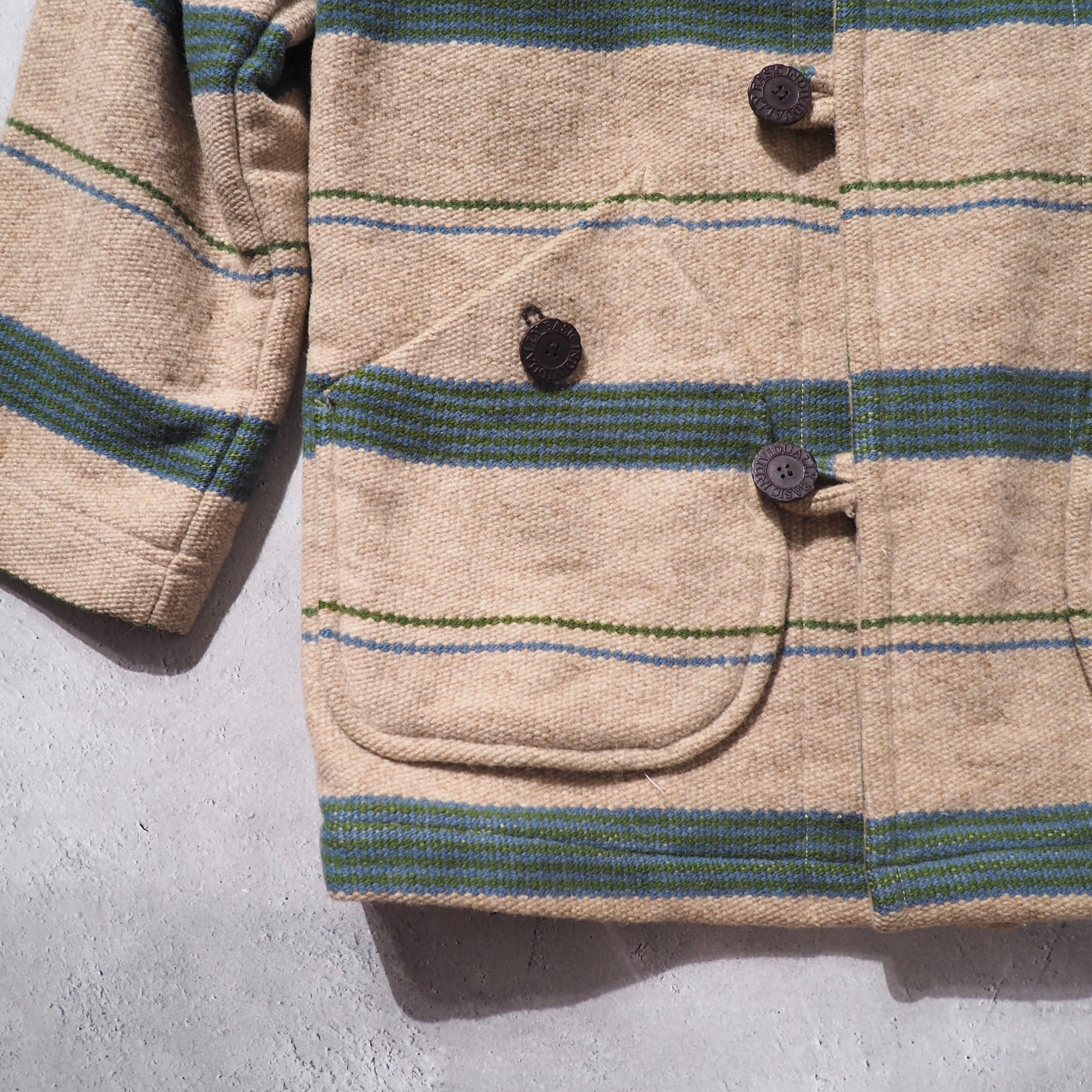 ” ixi:z ” green × light blue boarder line design vintage wool duffle coat