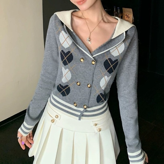 Heart argyle double cardigan　M1597
