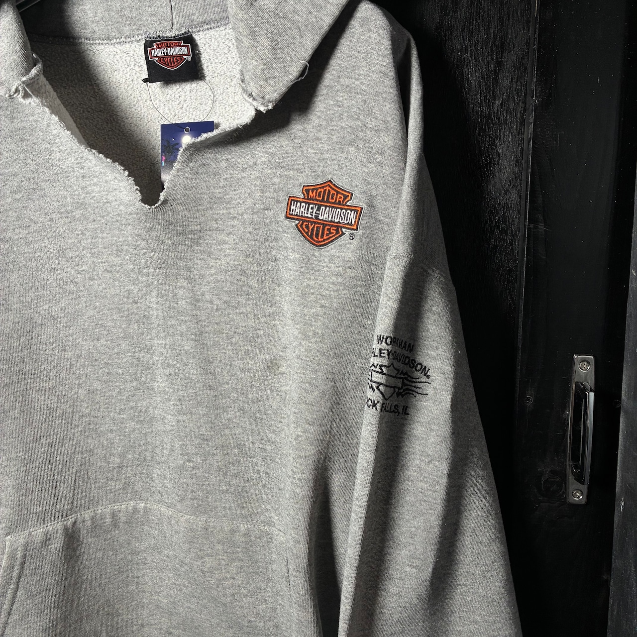 Harley-Davidson プルオーバーパーカー Vネックカスタム ファイアー スカル グレー