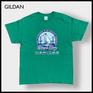 【GILDAN】Delaware Estuary デラウェア・ウォーターフロント 河口 ロゴ プリント Tシャツ 半袖 グリーン LARGE US古着