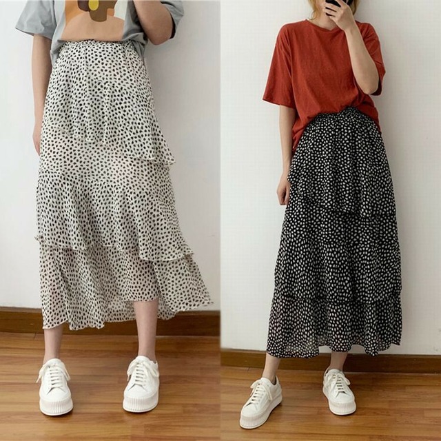 ハイウエスト ダルメシアン柄 ティアードスカート ロングスカート フリル シフォン 春コーデ 夏 / Thin irregular leaf irregular ruffle chiffon skirt female (DCT-591916977326)