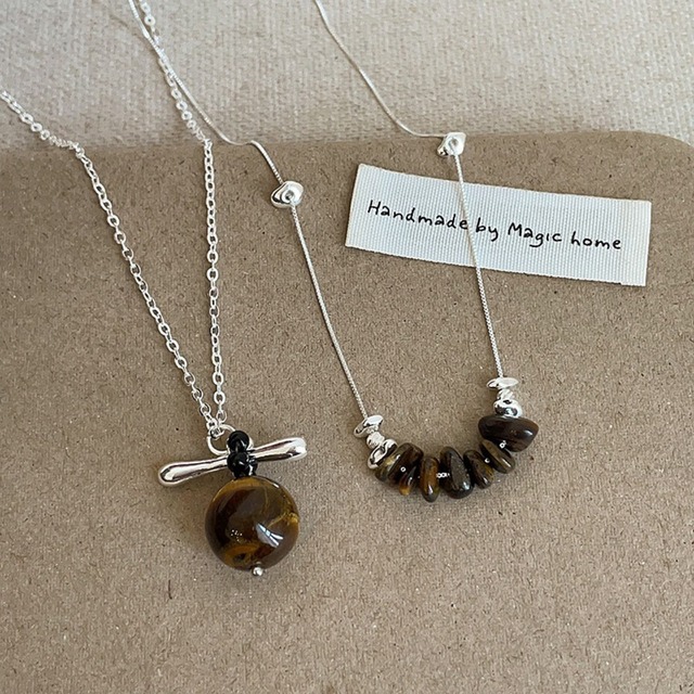 Tiger Eye Stone Silver Chain Necklace Set　H0022