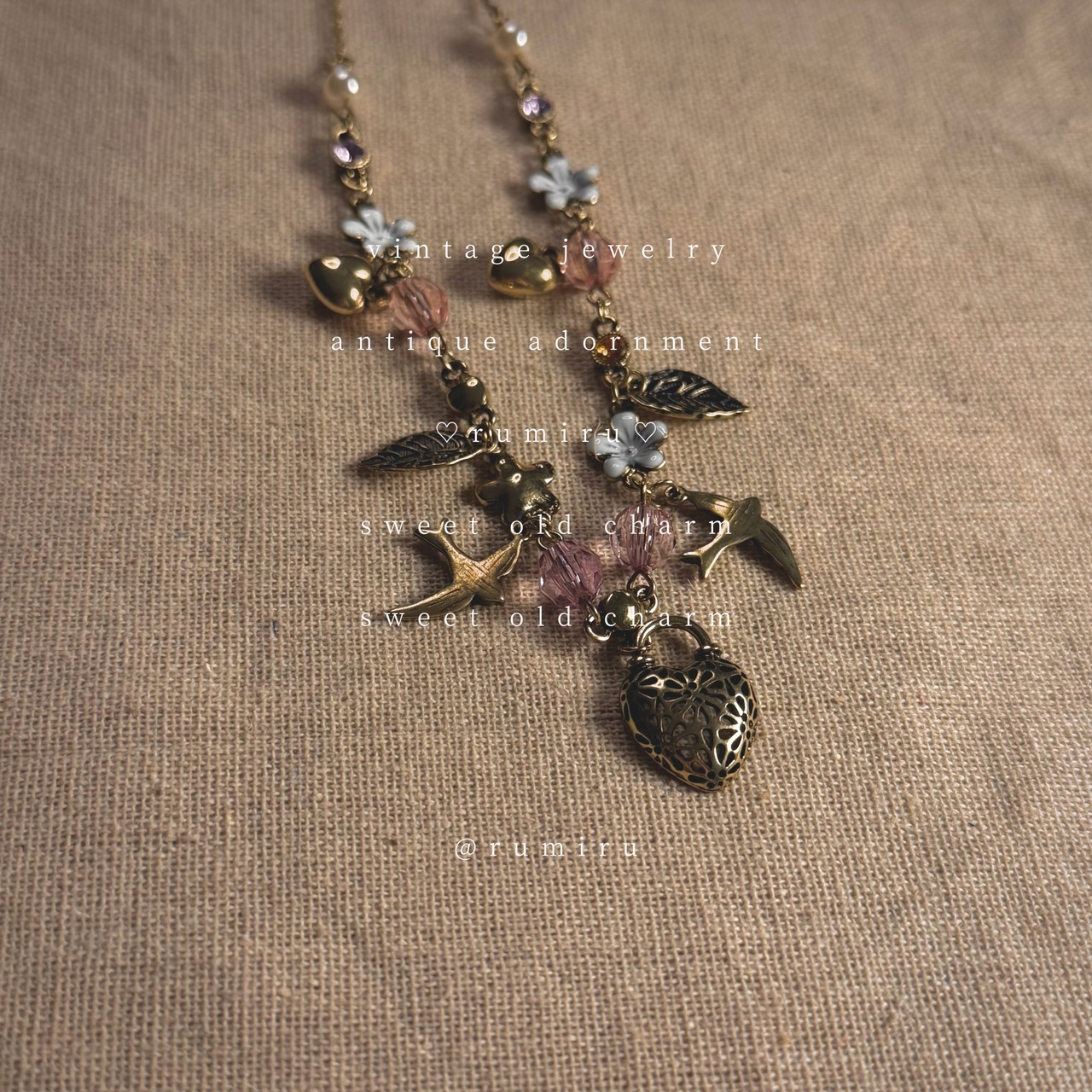 ハンドメイド フラワー 小鳥 アンティーク ネックレス - 3