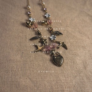 ハンドメイド フラワー 小鳥 アンティーク ネックレス
