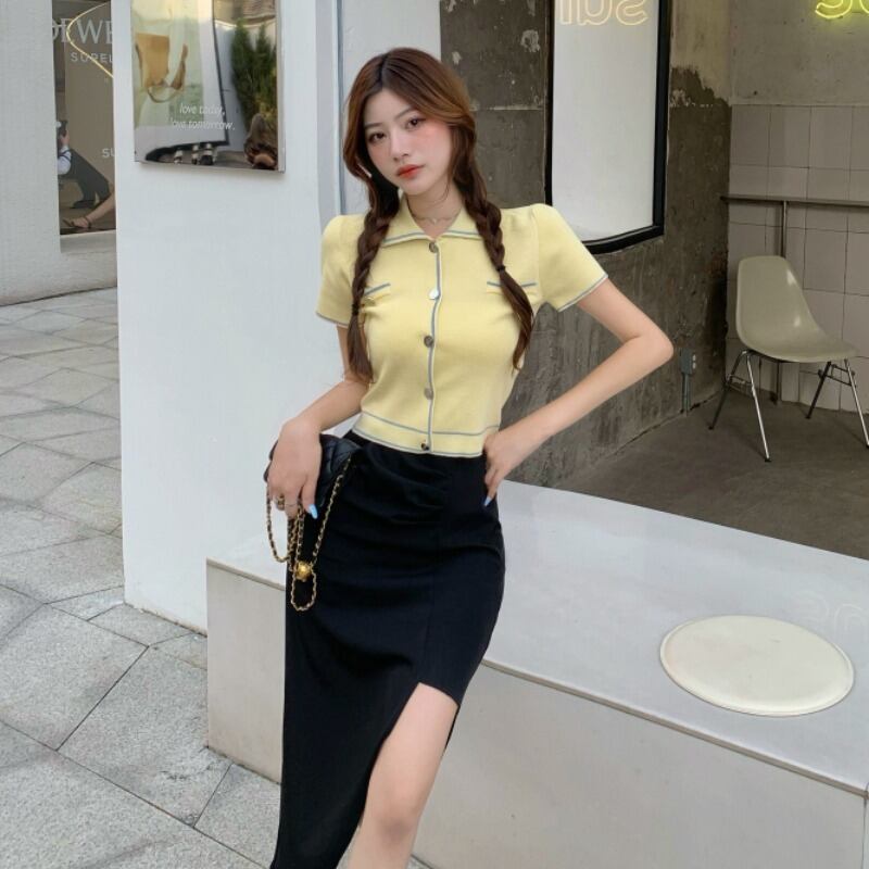 サマースタイル薄手ニットブラウス スカート 夏物 ハンチェンe85424649154