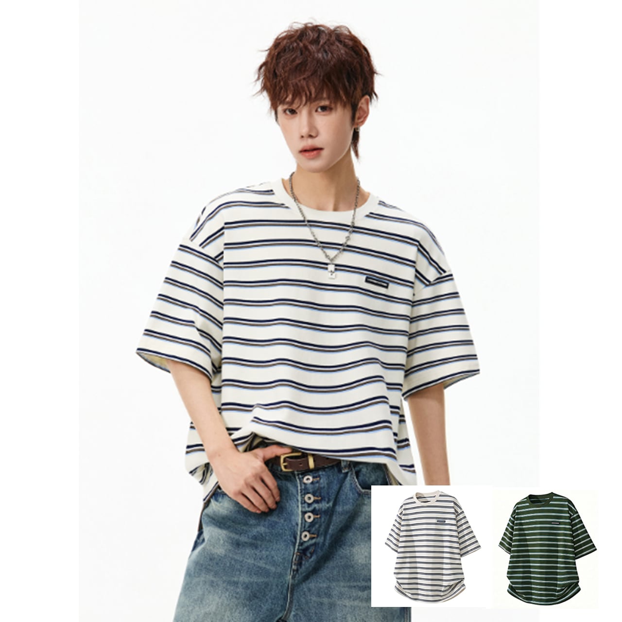 レトロボーダー ルーズ Tシャツ b25371 ベージュ グリーン 【M~3XLサイズ】