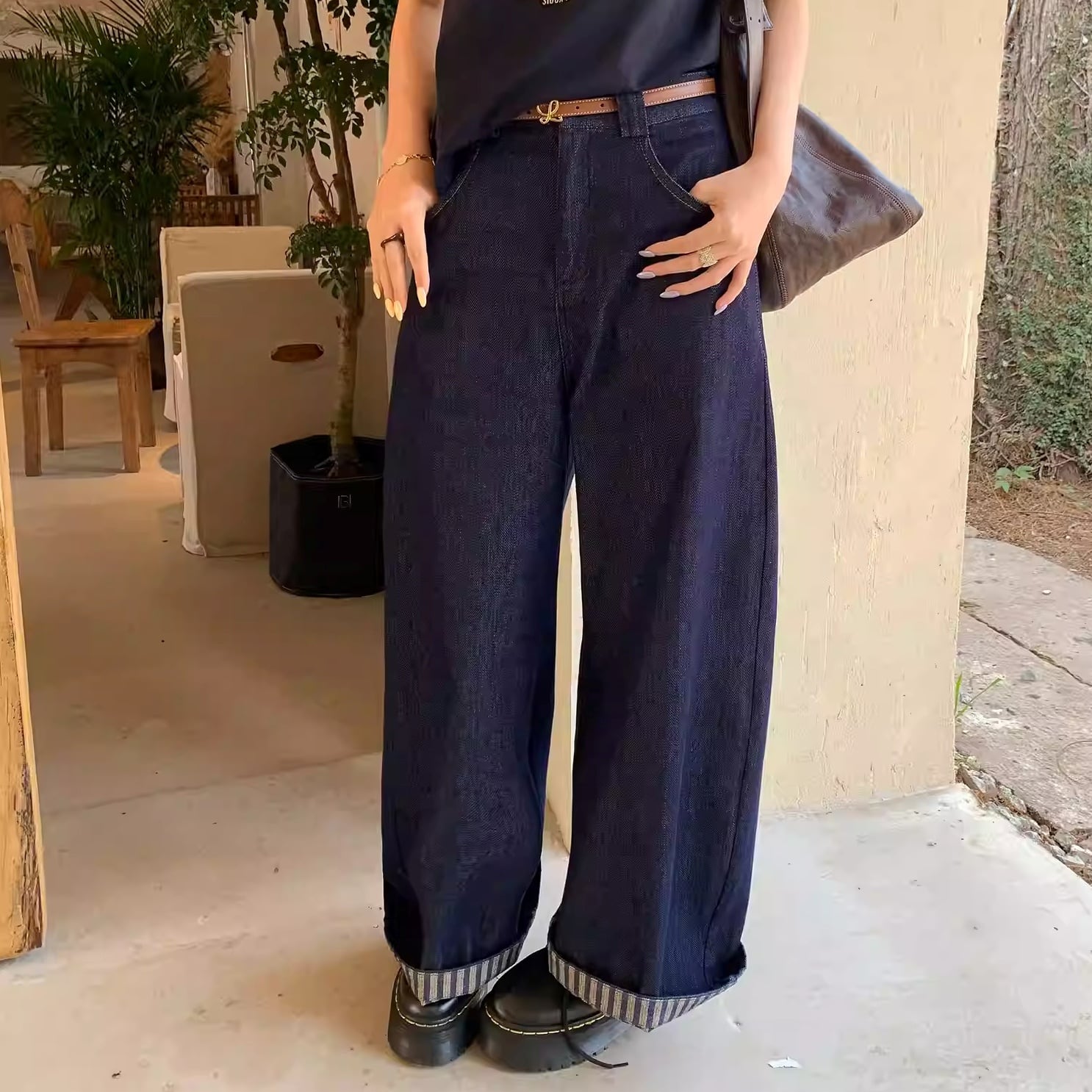 ベルトループ ワイドストレート フルレングス デニムパンツ 2color APA0109