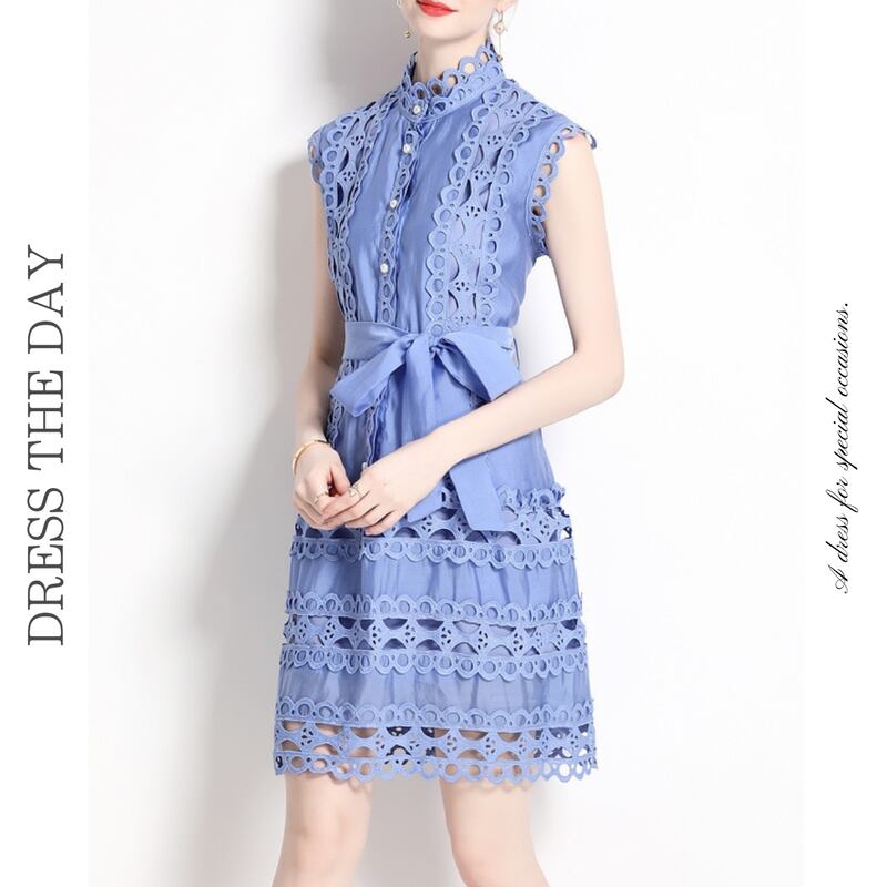 パンチングレースベルトシャツドレス3色展開 D0140