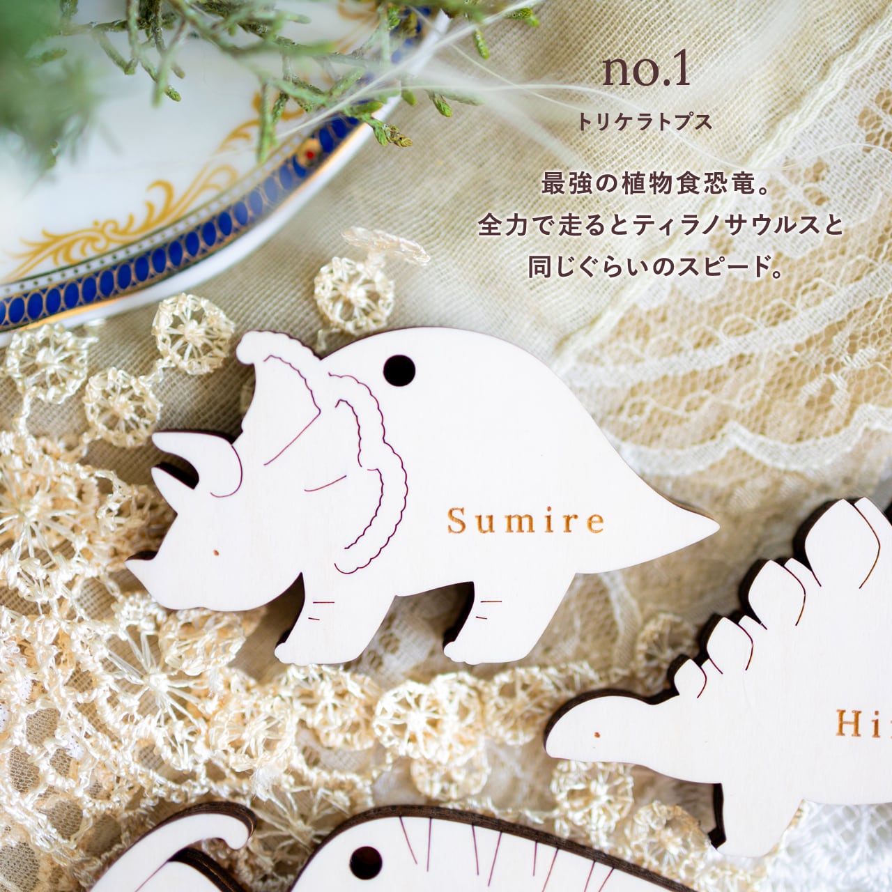 2点セット〉恐竜⌇子供席札・チャーム・タグ, 名入れ, 木製「Herbivore