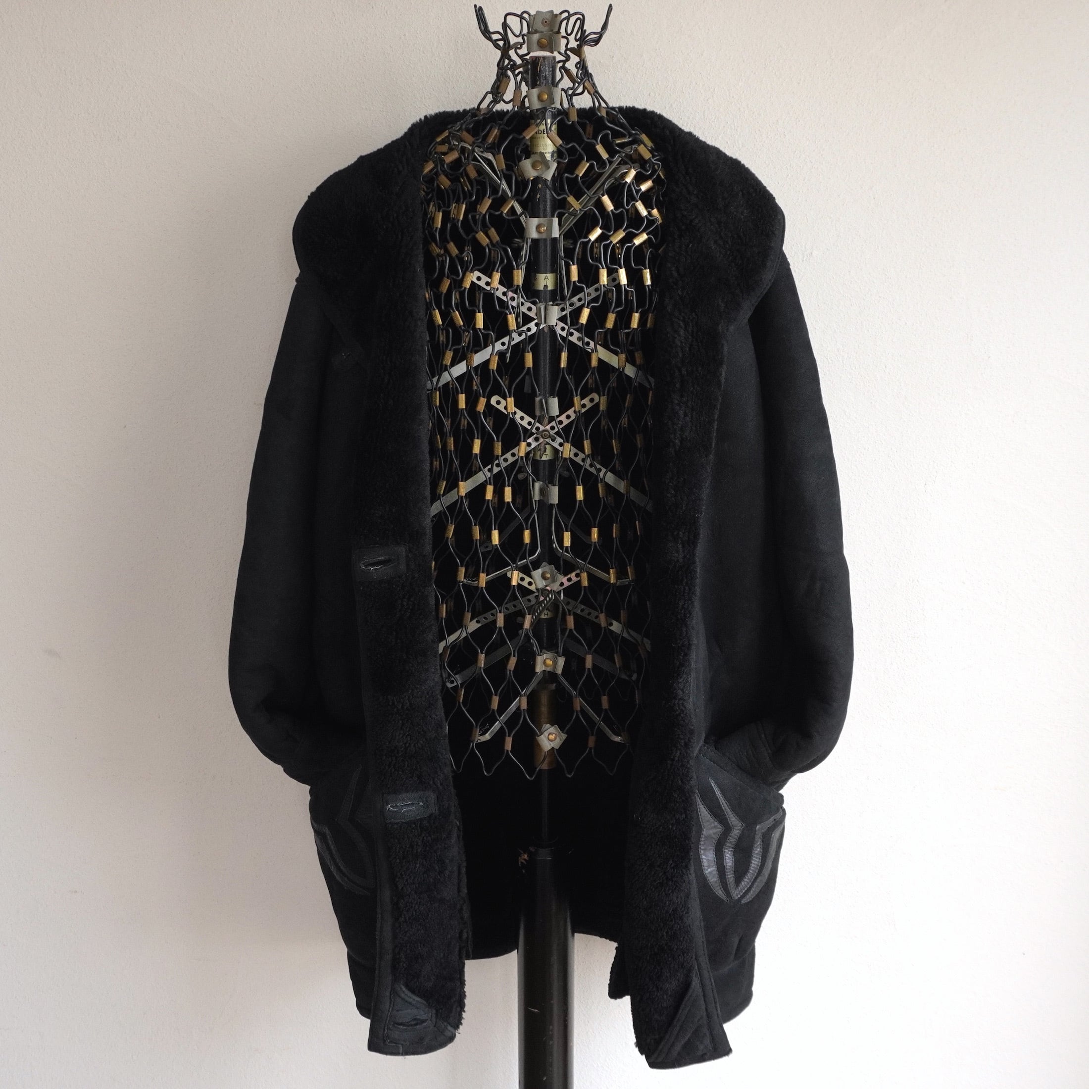 ブラックシープスキンムートンコート 1980's ショールカラー シープスキンコート オールブラック 実寸