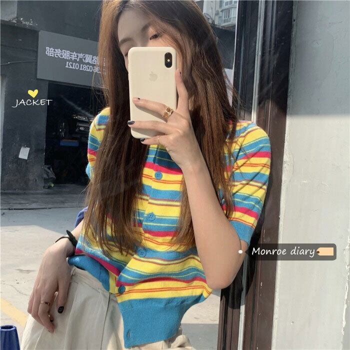 スタンダードストライプTシャツ レディースルーズカーディガンスプリングカラークロップトップ トップス レトロ 春物 モンロー65054505016