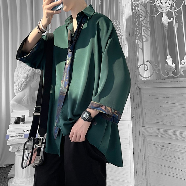 ✿大人気販売中✿【KADISHOUシリーズ】★シャツ★ トップス 4color ネクタイ付き 男女兼用 メンズ 涼しい 緑 黒 青 夏服