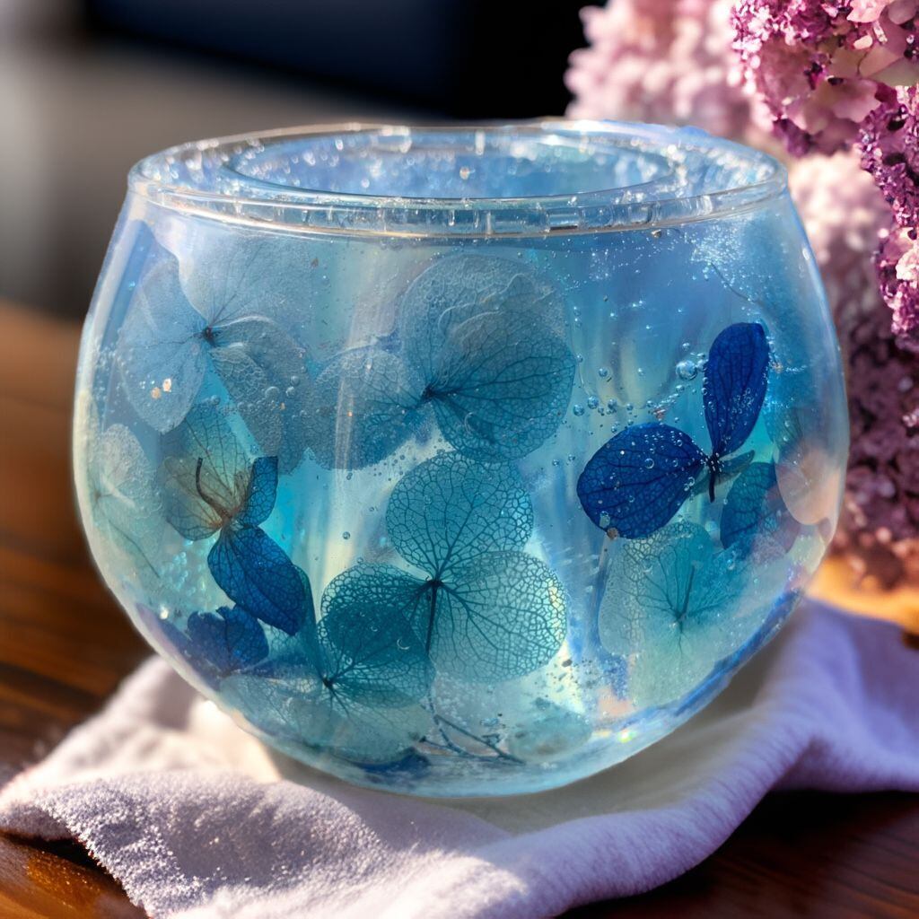 ステンドグラス キャンドルホルダー 紫陽花 花 あじさい青 ブルー 瑠璃色 綺麗 ステンドグラス キャンドルホルダー 紫陽花 花 あじさい青