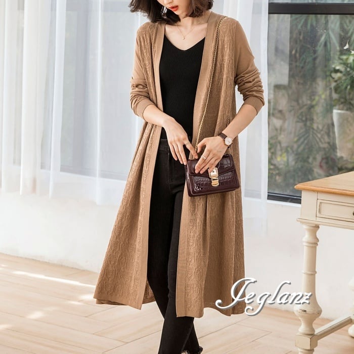 ロング丈 ニット 切替 カーディガン エンボス加工 ノーボタン 6色 ♪(M4451)τ