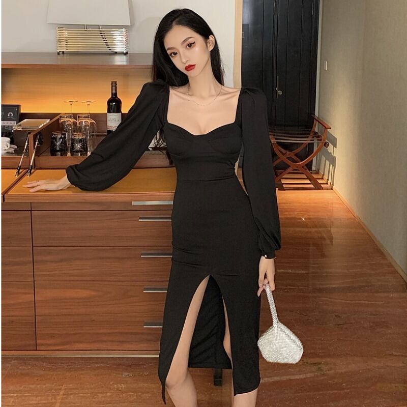 スタンダードロング薄手 レトロ 長袖 スカート スクウェア ハンチェンe58430332705