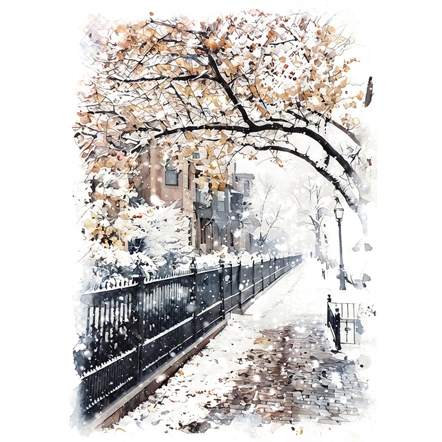 絵画 風景画(街並み) 冬 雪のアメリカ マサチューセッツ ボストンの街並み インテリアアート額付き 水彩画・油絵調 WAT0607