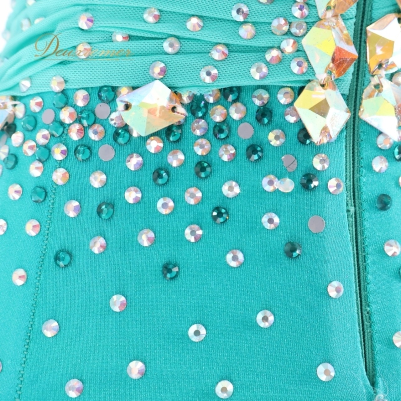 社交ダンス 衣装 スタンダードドレス ワンピース ドレス グリーン系 ブルー系 VeRTigo フリル レース フロート 青緑 デモ 競技 ダンス パーティ 発表会 豪華 華やか エレガント 上品 パフォーマンス用