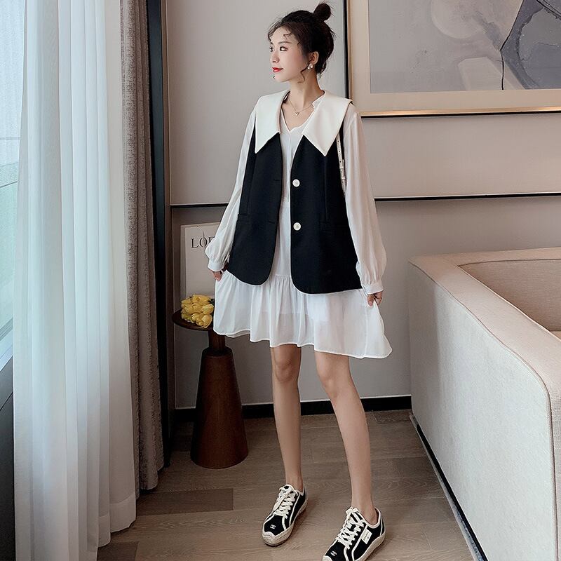 【新作】【送料無料】 マタニティウェア2020秋と冬の新しいトレンディなマザーシフォンラペルドレス+ベスト、年齢を減らすトレンディな母親の妊娠中のツーピースセット-アリババ オータム 秋物 ウィンター 冬物 expec230225875160