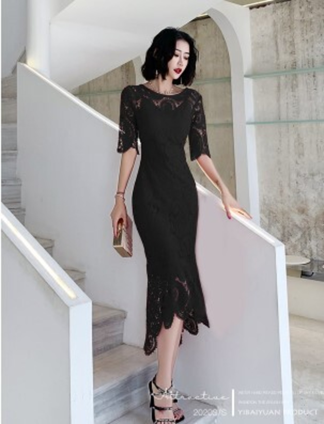 高品質！ パーティードレス ミモレ丈 黒 マーメイドライン 繊細レース  