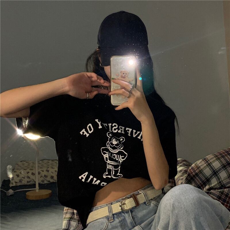 Tシャツ ルーズブラックプリントトップス サマー 夏物 ブラックストロベリース67287827006