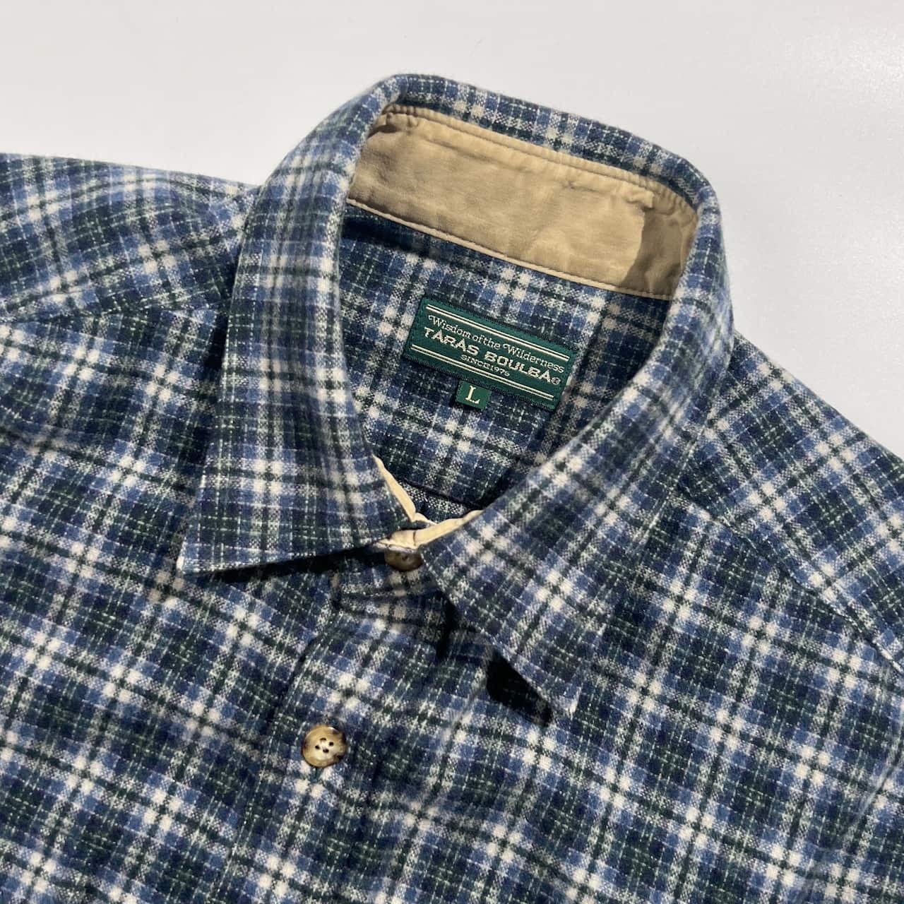 90s TARAS BOULBA タラスブルバ チェック柄 ウール 長袖 ワークシャツ L/ブルー ネイビー×グリーン系 メンズ ビンテージ アシックス