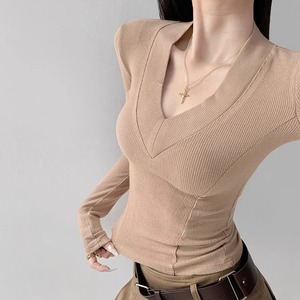 rib knit V-neck long sleeve top la1235