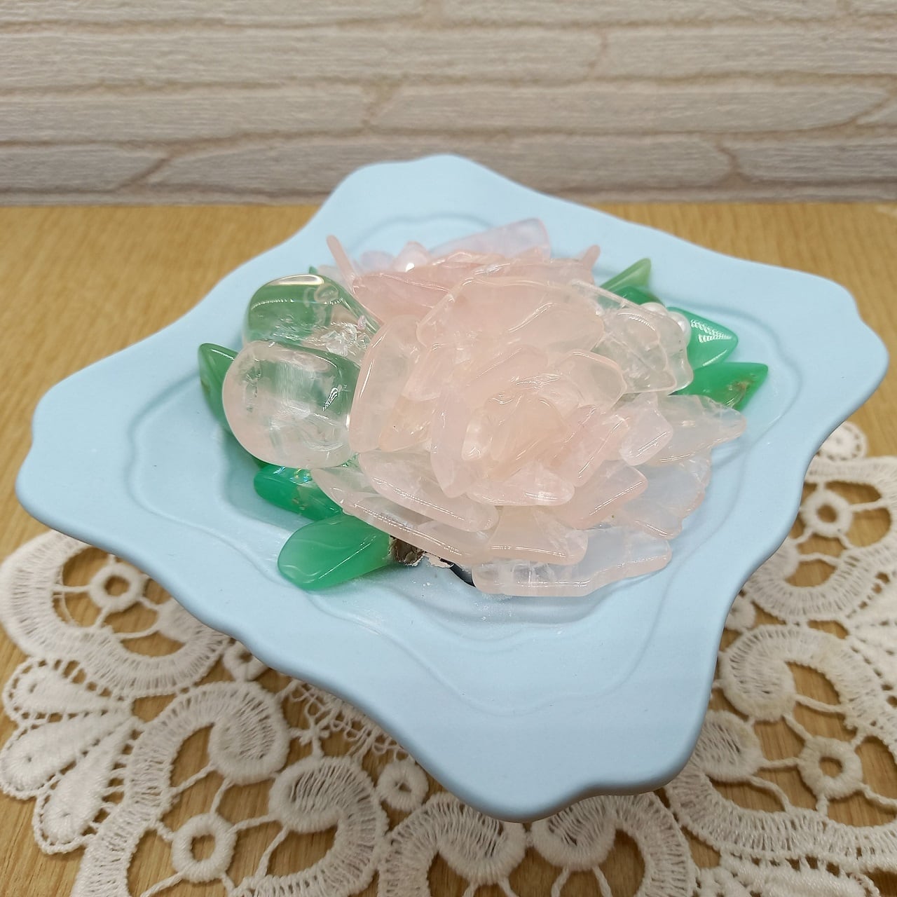 ローズクォーツ薔薇（スカイブルー皿鉢）