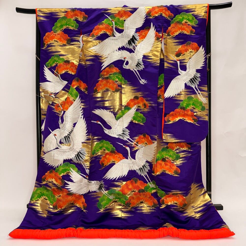 色打掛 正絹 鶴 刺繍 青 紫 打掛 花嫁衣裳 ポリエステル リサイクル 中古 ブライダル ウエディング 着物 6653