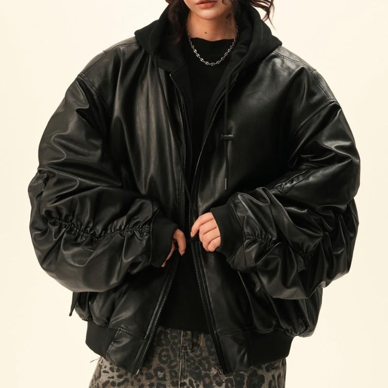 Gathered sleeves fake leather jacket V2796