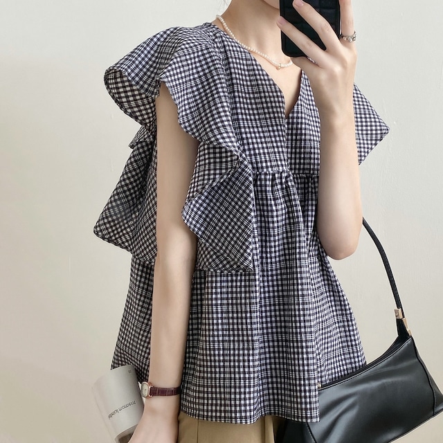 V-neck frilled check blouse