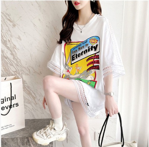 【春夏新作】ファッションＴシャツ♪ホワイト/ブラック2色展開◆#stbfot-2f26517